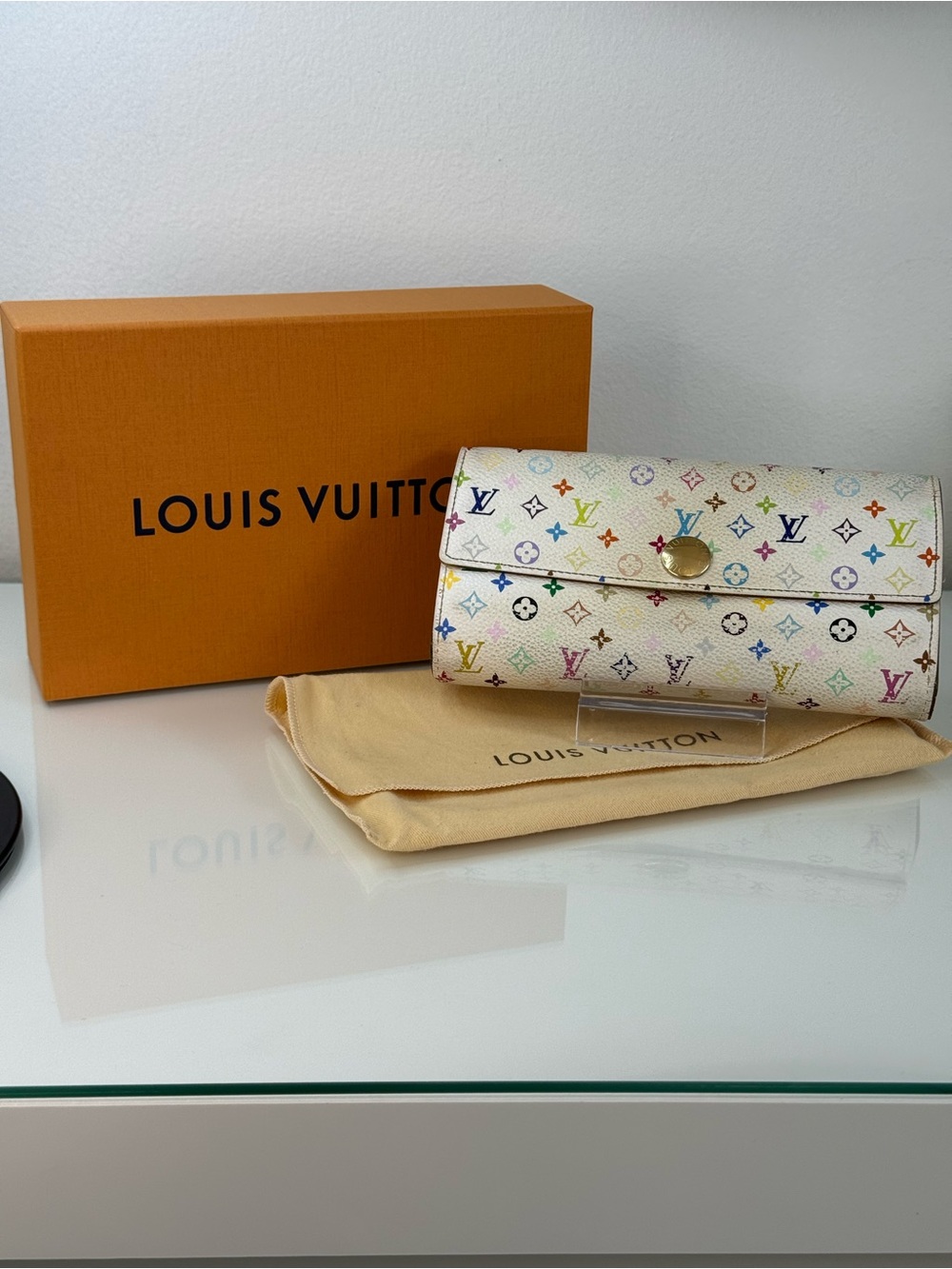 Louis Vuitton White Murakami Sarah Long Wallet with Yellow interior